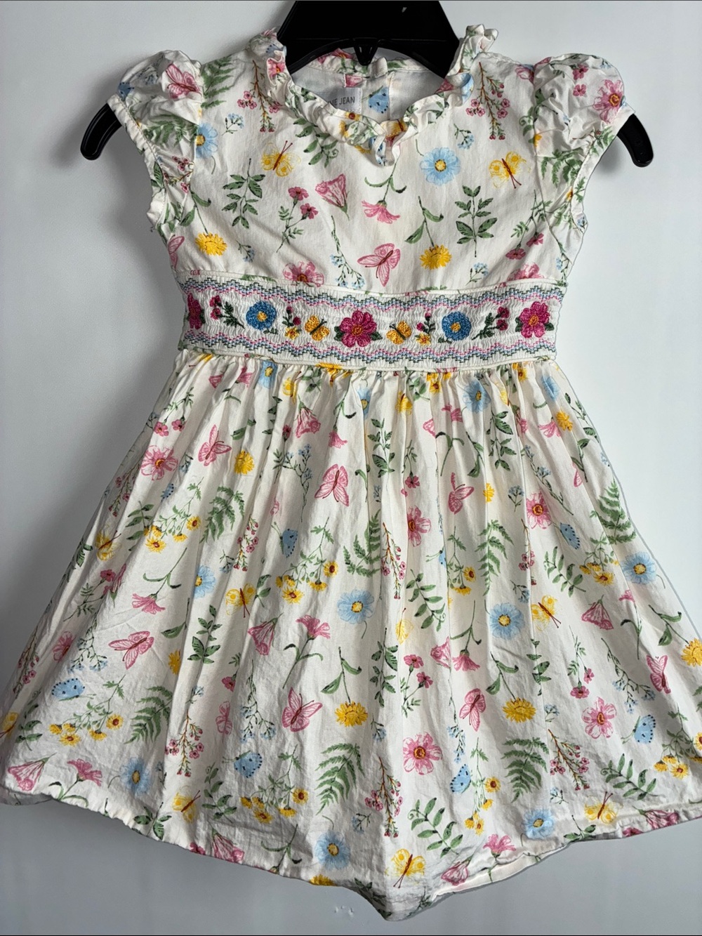 Bonnie Jean White Floral Embroidered Waist Dress with Pink & Blue Accents